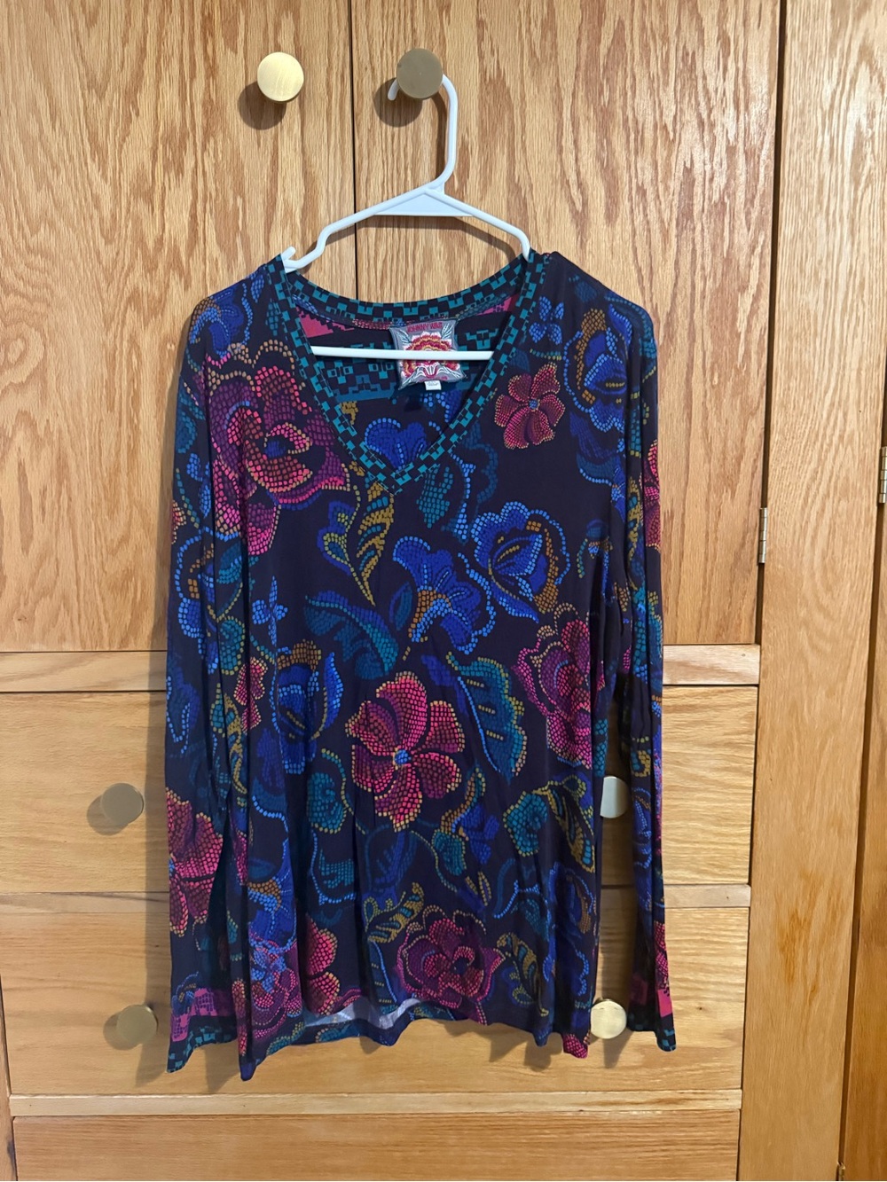 Bright Floral V-Neck Long Sleeve Top - Navy Multi XXL